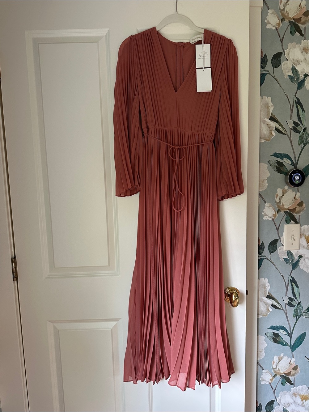 Zimmermann Sunray Midi Dress. Terracotta. Pleated Long-Sleeve Maxi Dress size 1